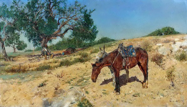 People and horses resting Print